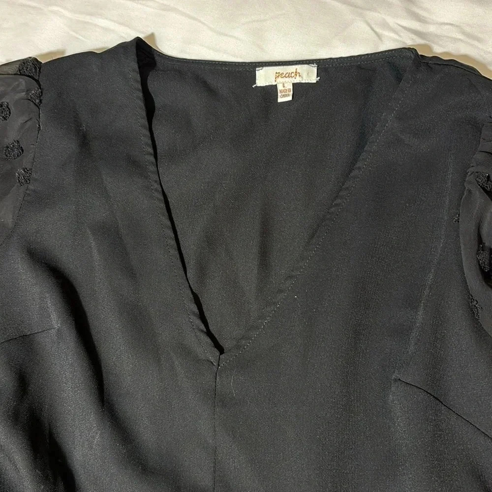Peplum V-Neck Long Balloon Sleeve Swiss Dot Black Blouse - Picture 4 of 13